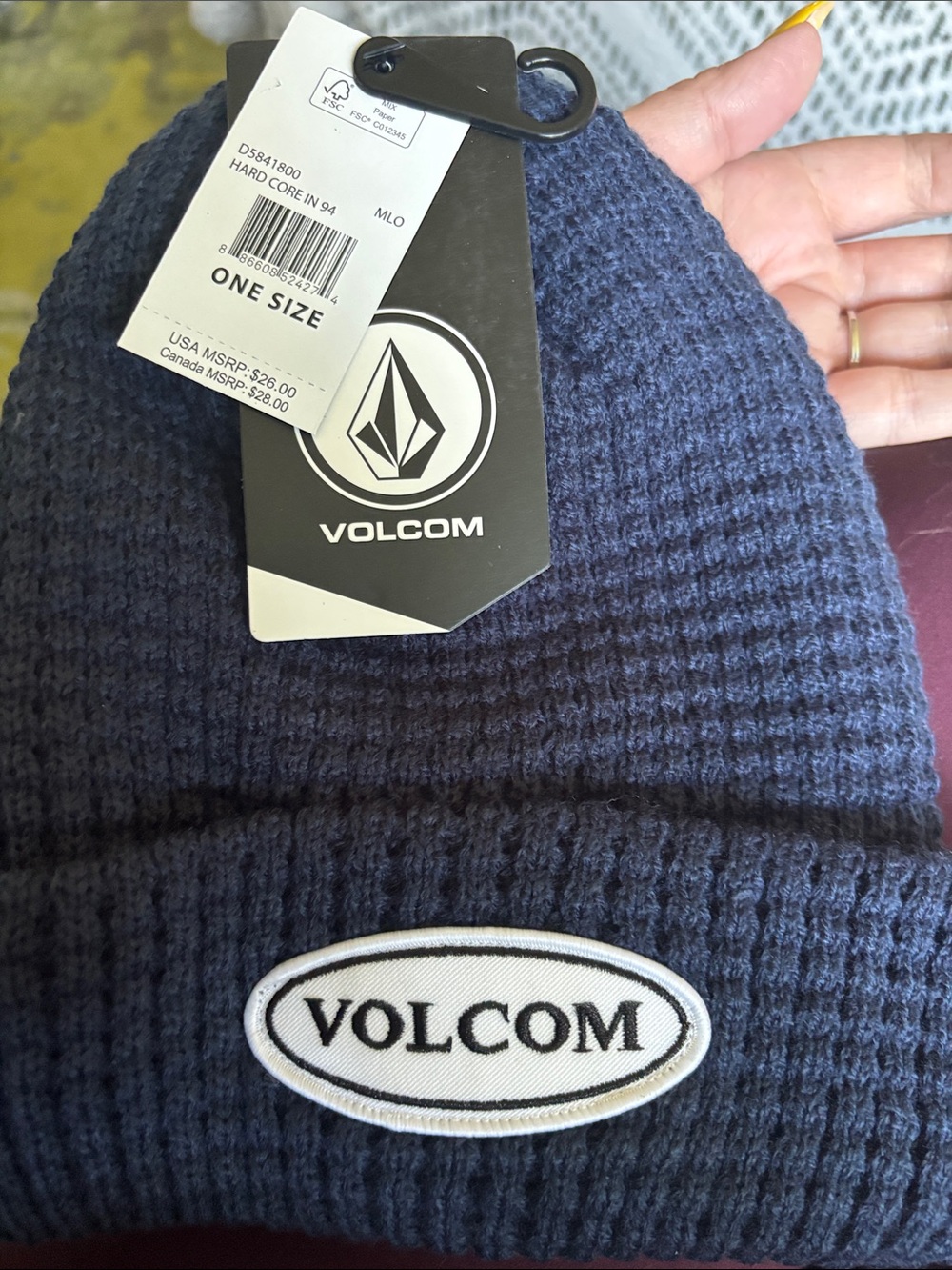 Volcom Dark Blue Waffle Cuff Beanie with Oval Logo Patch